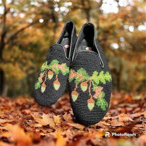 By Paige size 7 hand stitched black wool needlepoint leather loafers
